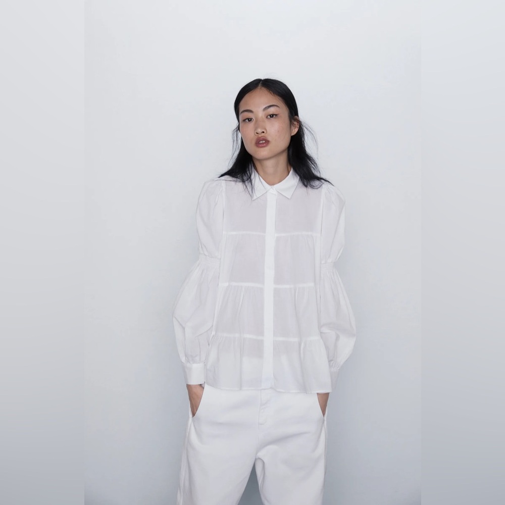 Zara White Tiered Puff Sleeve Blouse